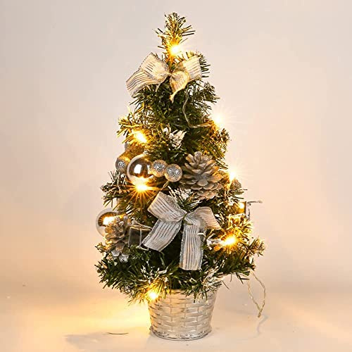 Mini Christmas Tree with Lights, 40cm Lovely Artificial Desktop Battery Operated Lighting Small Christmas Tree, Fit for Office Living Room Kitchen Window Table Christmas Decoration (Sliver)