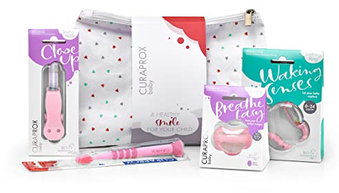 Curaprox Baby Mundpflegeset – Für Kleinkinder | Enthält Ultraweiche Zahnbürste, Schnuller, Beißring Und Halter | BPA-frei, Rosa | Hergestellt in Der Schweiz