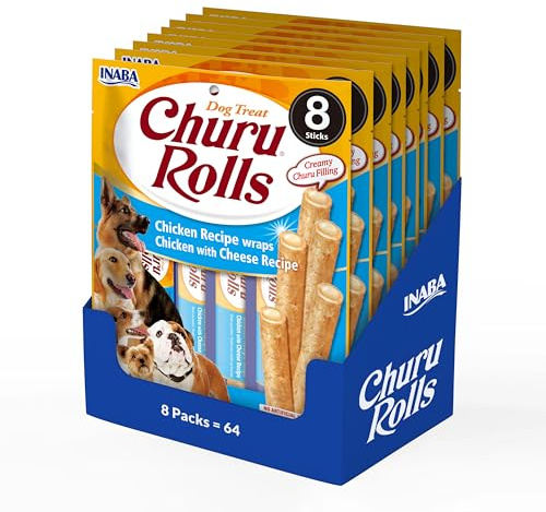 Churu Rolls av INABA hundgodis – smak av kyckling och ost 8-pack (64 x 12 g totalt) / krispiga pinnar med krämig fyllning hundgodis, utsökt och hälsosamt mellanmål, handmatning, träning, naturlig,