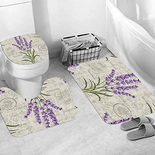 JIFOME Badteppich 3 Stück Weiche saugfähige Badematten,Frühlingsblumen-Lavendel auf altem Papier,rutschfeste Badematte Teppiche & Toilettendeckelabdeckung Set Waschbar
