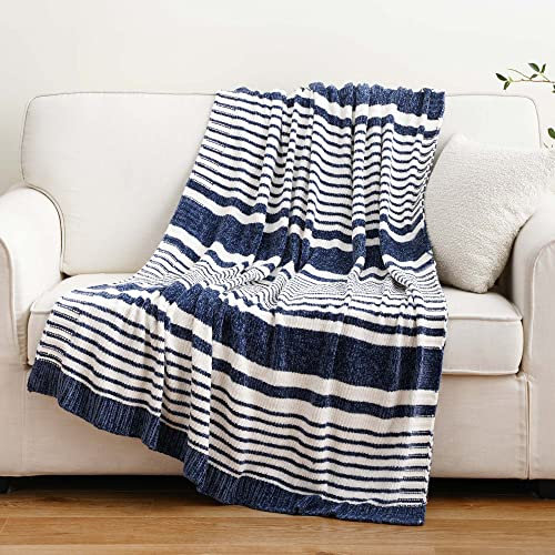 BATTILO HOME Navy and White Throw Blanket for Couch, Navy Blue Blanket, Super Soft Cozy Chenille Knit Throw for Sofa, Bed,Chair,130x170cm