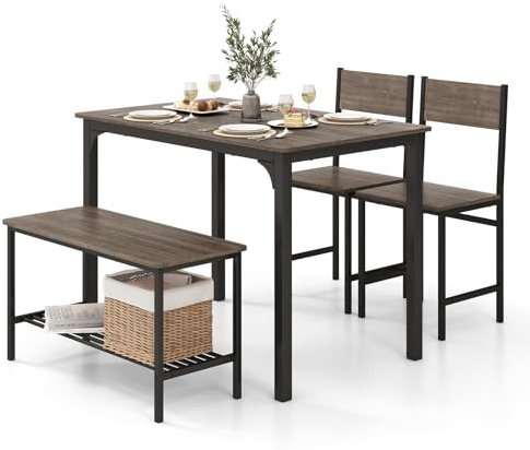RELAX4LIFE Esstisch Set 4-teilig, Esszimmertisch mit 2 Stühlen & Bank, Sitzgruppe mit Aufbewahrungsregal, Bartisch mit Metallgestell, Industriedesign, Esszimmergruppe für Küche Esszimmer (Grau)