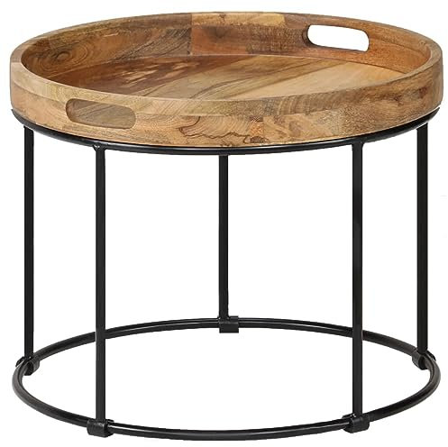 ADWOA Couchtisch Mangoholz Massiv und Stahl 50 x 40 cm Couchtisch HöHenverstellbar Esstisch Rund