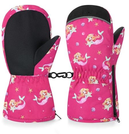 MoKo Moufles de Ski Enfants, Gants de Neige Imperméables Antidérapant, Gants Hiver Chaud Coupe-Vent avec Fermeture Éclair pour Enfants 4-6 Ans, Gants de Ski en Velours pour Fille Garçon,S, Rouge Rosé