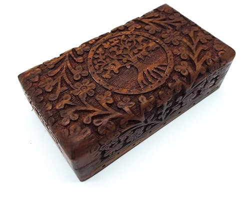 Handgefertigte Holz Box Schatulle Größe M mit Lebensbaum für Geschenk Schmuck Aufbewahrung | Familie Spiritualität Lifestyle Indien (Größe M 17x9,5x5,5 cm Gewicht ca. 375 g)