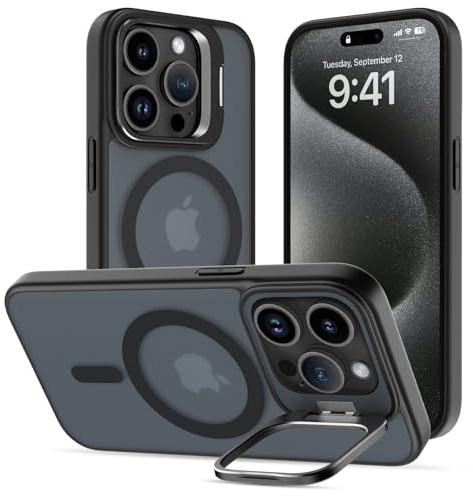 Cover Magnetica per iPhone 15 Pro con Cavalletto, Compatibile con Magsafe, Supporto per la Fotocamera Integrato Custodia, Militare Antiurto Sottile Protettiva Traslucida Glassata Case, Nero