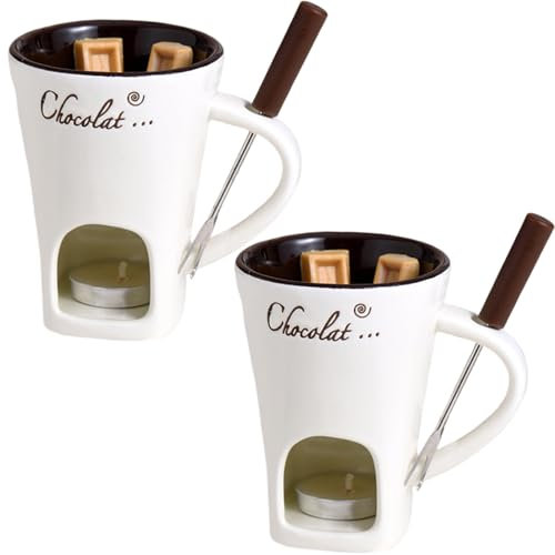 2pcs Schokoladenfondue Tasse 200 ml hitzebeständige Keramikschokoladenfondue mit Gabeln glatt wiederverwendbares Fondue Bech für Date Nacht Geburtstag und Hochzeit Geschenke, weiße Schokoladenfondue
