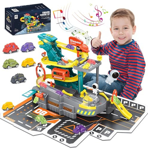 Sternstunde Lot de 32 rails de voiture dinosaures - Avec parking, rampes, ascenseur, avec 5 voitures, pour garçons de 3 à 8 ans