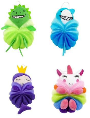 OUNONA 4pièces Boules De Bain Pour Garçon Fille Souples Avec Corde De Suspension Fleurs De Douche Moussantes Lot De Designs Dessin Animé