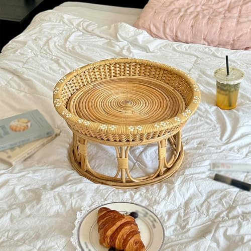 Dexinhdh Runde Beistelltische Aus Rattan, Tragbarer Couchtisch Aus Rattan, Erhöhte Kanten Und Verstärkter Sockel, Dekorativer Beistelltisch Für Den Außenbereich, Büro(47cm)