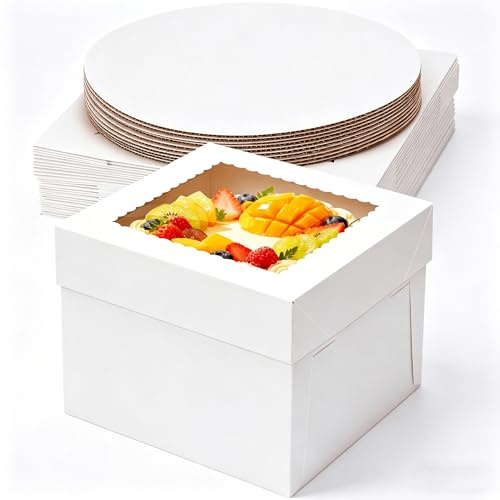 IRELINM 10 Stück Tortenbox 30x30x20 cm Hohe Kuchenverpackung Kuchenplatte 5 Boxen + 5 Teller – Tortenkarton Kuchenboxen Einweg-Aufbewahrungsbox für Bäckerei, To-Go, Kuchen-Transportbox Torten