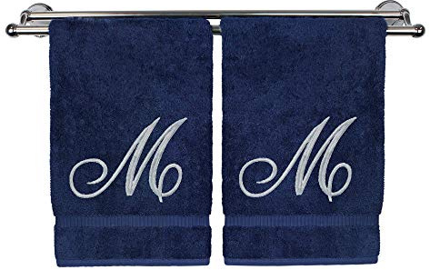 Bare Cotton BC Handtuch mit Monogramm, Marineblau, 40,6 x 76,2 cm, 2 Stück, 100% türkische Baumwolle, extra saugfähig, weiches Frottee-Finish, personalisiertes Geschenk