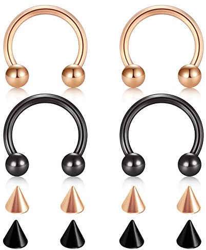 D.Bella 16G Chirurgenstahl Nase Septum Hufeisen Augenbraue Lippe Bauchnabel Piercing 10mm Helix Tragus Daith Rook Ohrringe mit Ersatz Spikes Rosegold und Schwarz