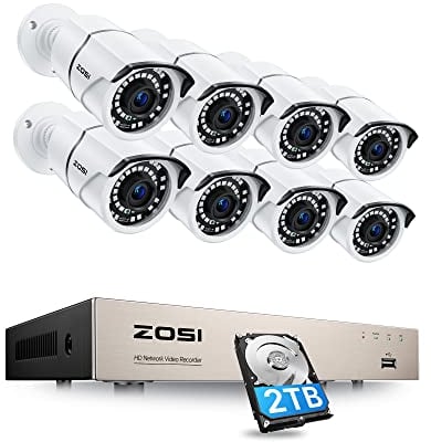 ZOSI 8CH 2K 5MP POE Überwachungskamea Set, 8X Netzwerk IP Kamera Überwachung Aussen Set mit 2TB Festplatte, Bewegungserkennung, IR Nachtsicht