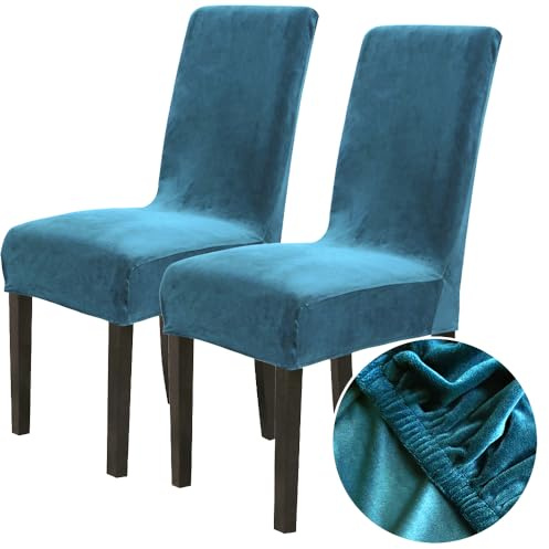 Chickwin Stuhlhussen 2er Set, Samt Dehnbarer Stuhlbezug, Waschbarer Hohen Zurück Stuhlhussen Slipcover Für Esszimmer, Hotel, Küche, Bankett, Partys,Abnehmbaren Stuhl Schutz -Türkis