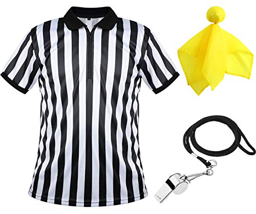 Herren Offiziell Schiedsrichter Trikot, Schwarz Weiß Streifen Hemd mit Umgedrehtem Kragen, Gelb Elfmeter Flagge und Edelstahl Pfeife mit Lanyard für Basketball Fußball (M)