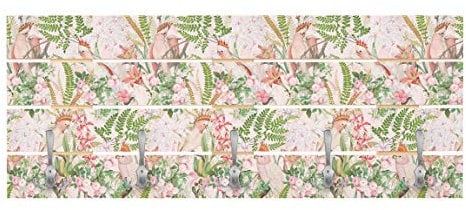 Wandgarderobe Holz - Rosa Kakadus mit Blumen - Haken Chrom Querformat 40 x 100cm