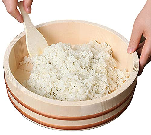 Hangiri Sushi Ciotola Per Mescolare Il Riso Giapponese Vasca Di Miscelazione in Legno Contenitore Di Riso Pentole Per La Preparazione Del Sushi Con Bande Di Rame Per Ristorante Casa Cucina,36x9cm