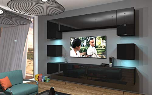 Furnitech Ensemble Meuble TV Mural Suspendu Salon – Meuble Salon Design Moderne avec colonnes- vitrines et rangements – Mobilier avec éclairage LED RVB - 16 Couleurs – Nowara AN1-17B-HG20 1B