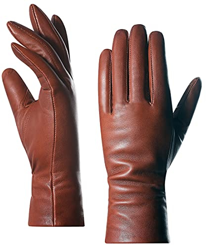 Harssidanzar Damen Nappa Lammfell echtes weiches Leder gefüttert Kaschmir Handschuhe GL006, Cognac, XX-Large