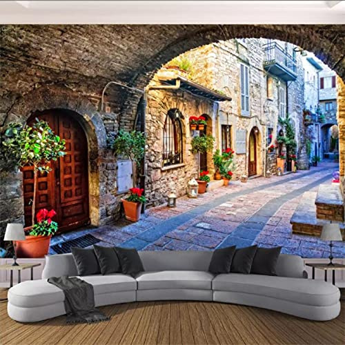 Yimesoy Custom Wallpaper 3D Large-Scale Photo Mural Italian Town Street Scene Background Wall Paper Mural 3D 350Cm(W)×245Cm(H)
