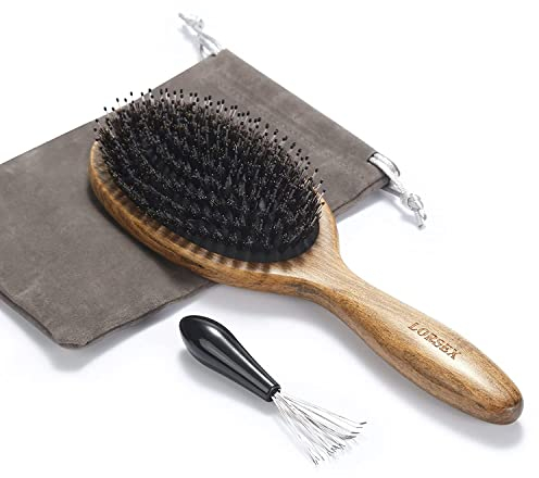 LORSEX Hairbrush Wooden with Boar Bristle Hairbrush & Smoothing Knot Massage Hair Comb Air Cushion HairBrushes for Women in Beech, Storage Bag and Cleaning Tool Contained (Coffee Brown)