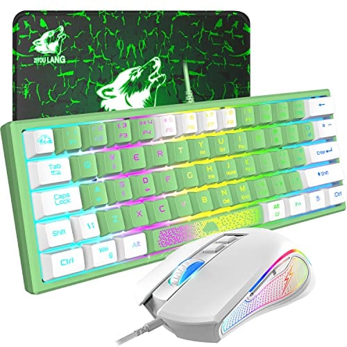 ZIYOU LANG White Gaming Keyboards mouse with Mousepad, 60% Keyboard Mice Gaming, RGB Led keyboard Mosue, Usb Backlit Keyboards and Mouse Mechanical Feel, for PC Mac Laptop Computer, RK61 English