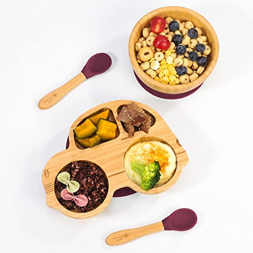 Vinsani Baby Bamboo Weaning Set, Suction Plate, Bowl & Spoon for Toddler | Food-Grade Silicone Baby Feeding Set, Non-Slip Base Bowl, BPA-Free Wooden Dinnerware for Kids, Car Plate Themed - Red