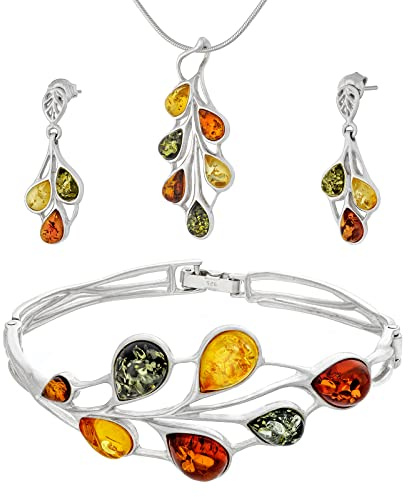 AMBEDORA Großes Amber 458 Schmuckset für Damen, Poliertes Sterling Silber, Farbiger Baltischer Bernstein, Silberarmband, Kettenanhänger und Ohrringe