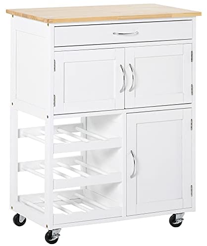HOMCOM Modern Kitchen Trolley, Rolling Island Storage Cart with Drawer, 9-bottle Wine Rack, Door Cabinets, Wooden Countertop, White