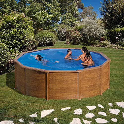 Paradies Pool® Gre Giant rund 350x132cm (Ø x H), Komplettset, Stahlwandbecken Holz, Poolplane in blau 0,4mm, Handlauf extra breit, inkl. Skimmer-Set, Leiter, Unterlegvlies und Filteranlage