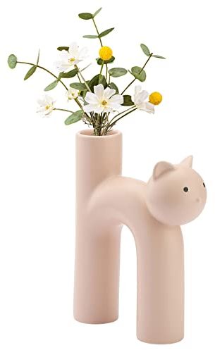 BestAlice Niedliche Katzen-Keramikvase, handgefertigte Katze-Blumenvase für Dekoration, einzigartige Röhren-Katzenform-Vasen U-Form, getrocknete Blumenvase, kreative Kunsthandwerksvase für Mittelstück