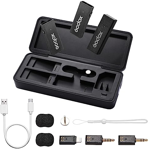 GODOX Movelink Mini LT Kit 2 Drahtloses Lavalier Mikrofon System, 2,4 GHz 100 m (328 ft.) Drahtloses Mikrofon mit Ladekoffer für iPhone, Lightning, Kameras Vlogging, TikTok, Interviews (Schwarz)