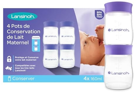Lansinoh Muttermilchflaschen, 4 x 160 ml - zur sicheren Muttermilch Aufbewahrung - neues kompaktes Design für verbesserte Stabilität - mit stapelbarem Deckel