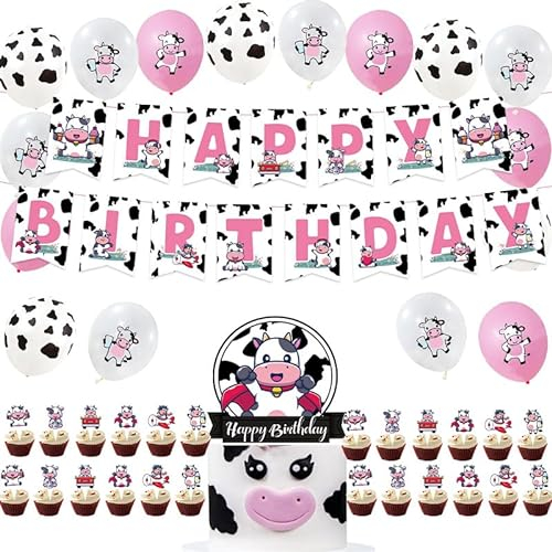 KOBOKO 44 Stücke Rosa Kuh Geburtstag Dekoration, Kuh Thema Party Dekoration Set Bauernhof Party Luftballons Banner Kuchen Topper Partyzubehör, für Bauernhoftiere Deko Kindergeburtstag