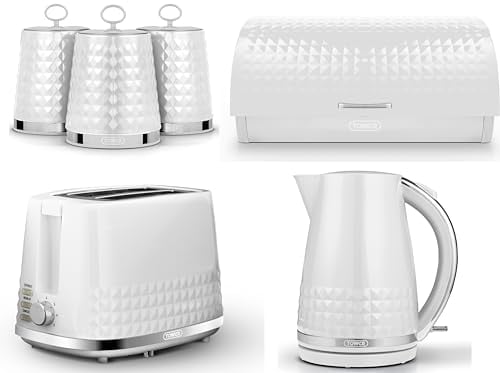 Tower Solitaire White 1.5L 3KW Jug Kettle, 2 Slice Toaster Bread Bin & Tea, Coffee, Sugar Canisters. Matching Contemporary Design Kitchen Set of 6 in White