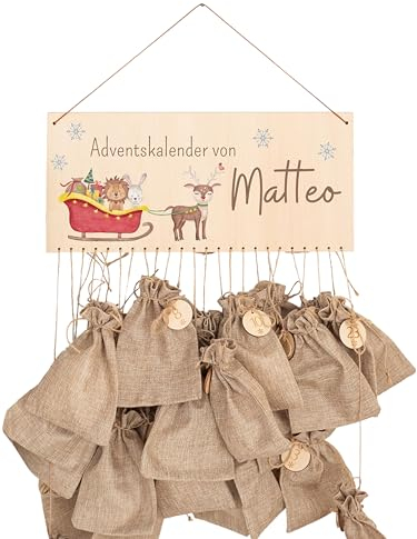 wunderwunsch® - Personalisierter Adventskalender zum selber befüllen - mit kinderfreundlichem Druck auf Holz - mit Juteschnur Jutesäckchen und Holzzahlen