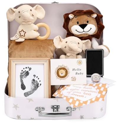 Lictin Geschenke zur Geburt, Neugeborenen Geschenk mit Baby Sicherheitsdecke, Baby Rassel, Baby Lätzchen, Entscheidungsmünze, Andenken Fußabdruck, Fotorahmen, Grußkarte