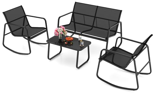 KOMFOTTEU Set da Bistrò in Tessuto Textilene, Set da Giardino in 4 Pezzi, Tavolo Portato 50 kg, 2 Sedie a Dondolo Portate 150 kg, e Divanetto Portato 300 kg, Set Tavolo e Sedie da Esterno (Nero)