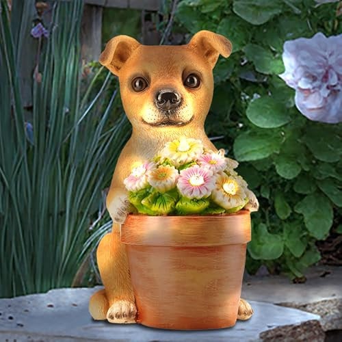 Muldale Solar Dog Garden Ornaments - Digby the Dog - Hand Painted Bright Solar Lights for Garden Outdoor Decor, Illuminating Floral Pot
