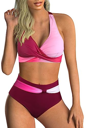 Adigaber Maillot de Bain Deux Pièces pour Femme Taille Haute Imprimé Bikini | Haut croisé,Rembourrages amovibles,Contrôle du ventre,Bretelles réglables,Respiran,Séchage rapide,Plage,Sexy,Effet push-up