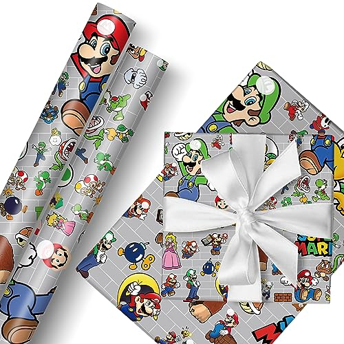 MAJEQZGY Mario Geschenkpapier 2 Rollen 43 cm x 3 m Geschenkpapier Langlebig Geschenk Papier Pack für Kindergeburtstag, Party Aufbewahrung Festliche Dekoration (Graues Sag Hallo)