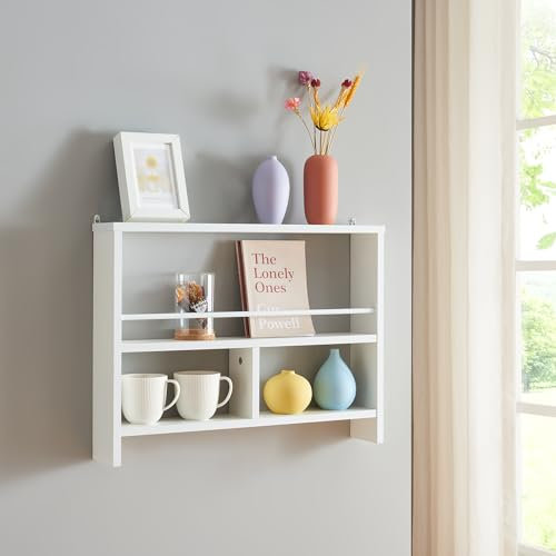 [en.casa] Wandregal Piteå mit 3 Ablageflächen Hängeregal mit Stange in der Mitte Schweberegal aus Holz für Wohnzimmer, Küche, Bad 60x10,5x45cm Weiß