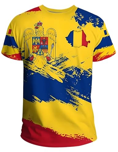 YuanDiann Maglietta sportiva della Coppa di Calcio Europea 2024 Casual Romania Stampa Bandiera Nazionale Uomo Donna Manica Corta Girocollo Asciugatura Rapida Traspirante Fan Shirt, 3#, XL