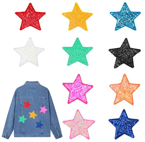 Thinp 10 Pcs Sequin Star Iron On Patches Star Iron On Patches Shiny Star Patches Iron On Stars Colorful Rhinestone Star Patches for DIY Clothing Jeans Hat Repair Patch