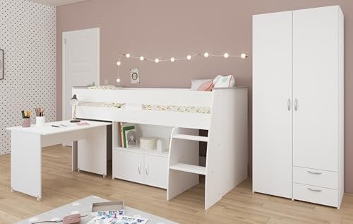 möbelando Jugendzimmer-Set >Reverse 12< (2-teilig) in Weiss, Hochbett mit Schreibtisch und Kleiderschrank