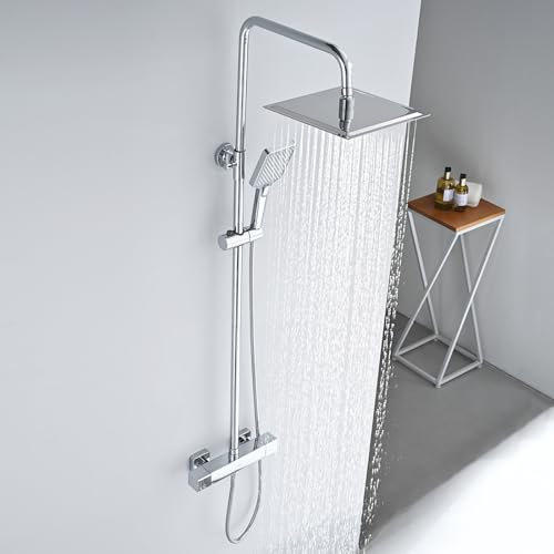 DETBOM Set de Ducha Cuadrado Acero Inox, Grifo Termostático de Ducha Cromado, Con 25 CM Cabezal de Ducha Lluvia y Ducha de Silicona Mano 3 Funciones, Barra Ducha de altura ajustable, Cromada
