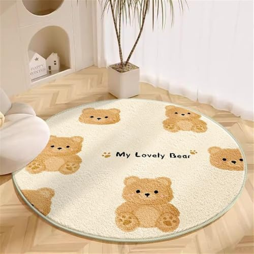 YATOLA Rund Teppich Spielteppich Kurzflor Krabbelteppich Rug Kurzflor Bär Hund Kat (Creme 1, Ø100cm)