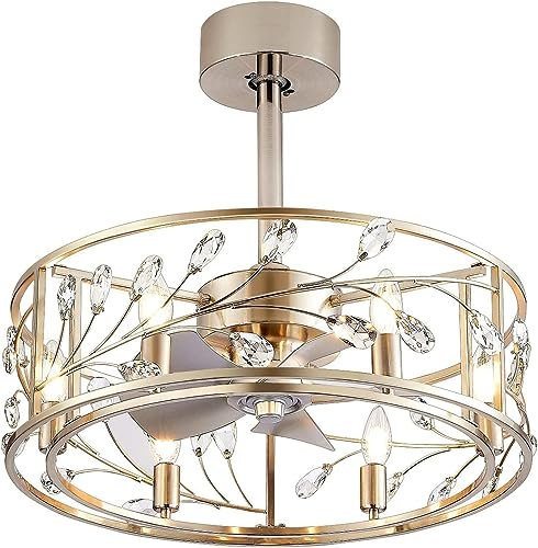 20 Inch Caged Ceiling Fan with Light and Remote, Quiet Reversible AC Motor, 5 ABS Blades, Modern Industrial Crystal Low Profile Small Ceiling Fan Light for Bedroom Home Indoor