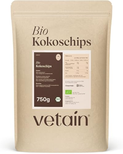 VETAIN Bio Kokoschips geröstet - 750g - 100% Kokosnuss - Vegan & laktosefrei - Ohne Zuckerzusatz - Ideal als Topping oder ballaststoffreicher Snack - produziert in Deutschland
